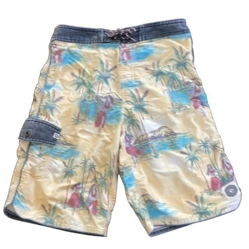 RIP CURL Swim Trunks/Shorts Pale‎ Yellow Hawaiian Hula Luau Size 26